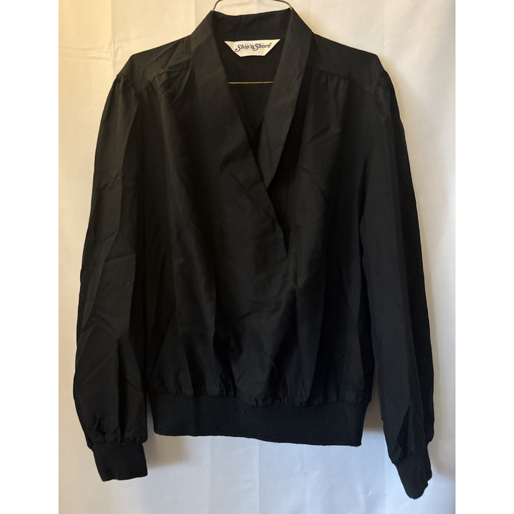 Vtg Ship N‎ Shore Women's Black Blouse Nylon Feel Elastic Waist Light Collared M
